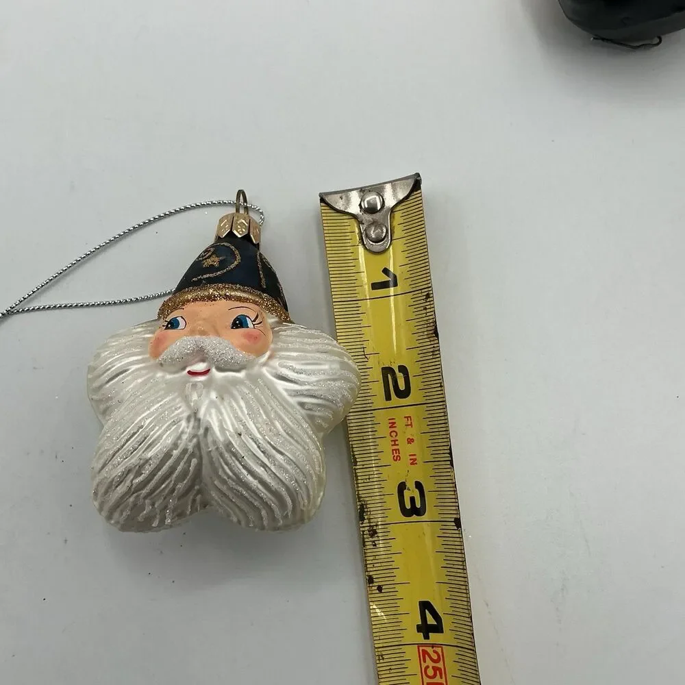 Vintage Glass Santa Head Christmas Ornament Blue Hat Glitter Mercury Glass